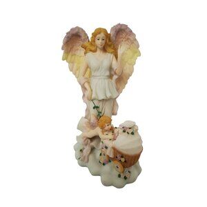 Vintage 90"s resin angel figurine blue pastel wings, doves & cherub over baby